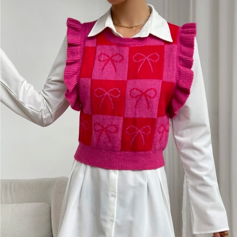 Checker And Bow Pattern Ruffle Trim Sweater Vest Without Shirt Dress